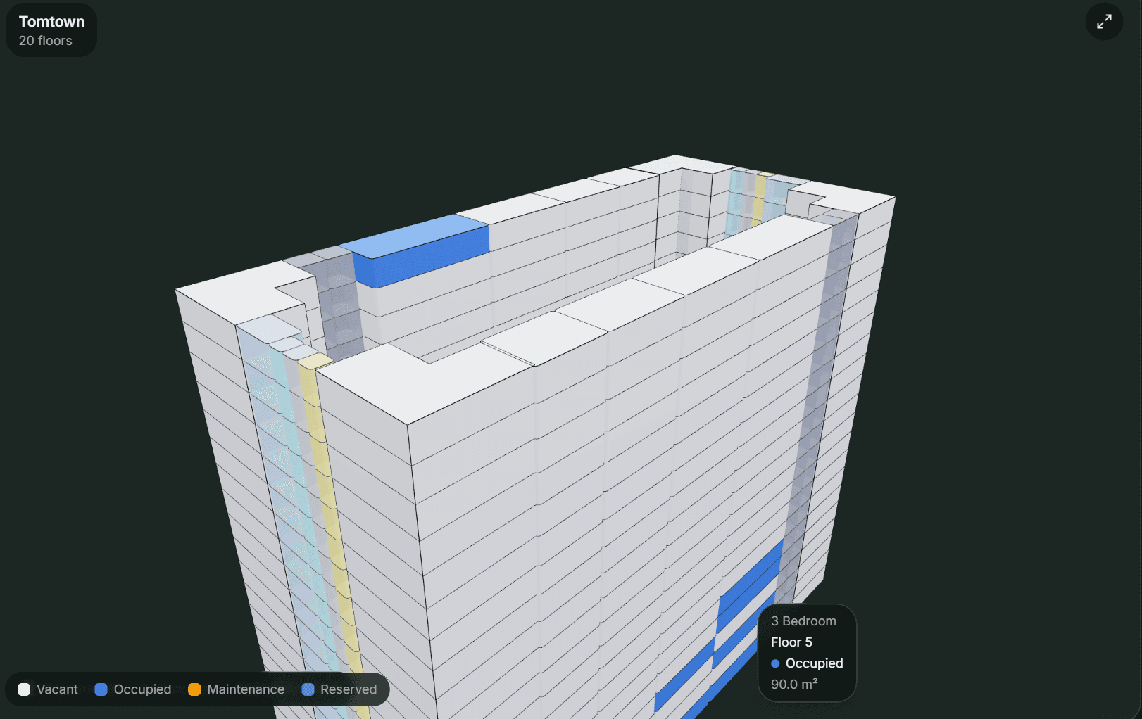 Vully: 3D view of a 20-floor building with units colored by status